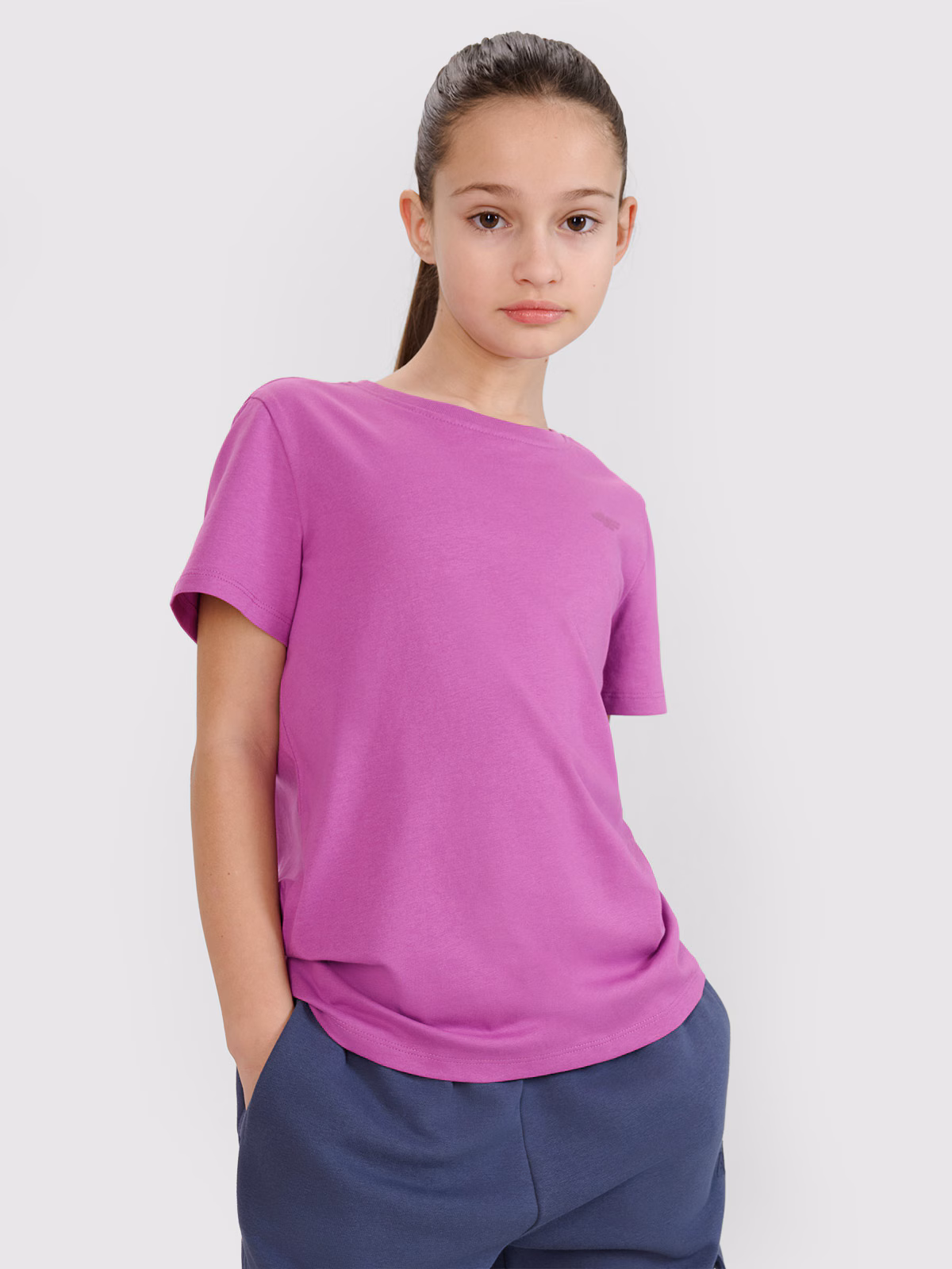 T-shirt regular gładki dziewczęcy - szary