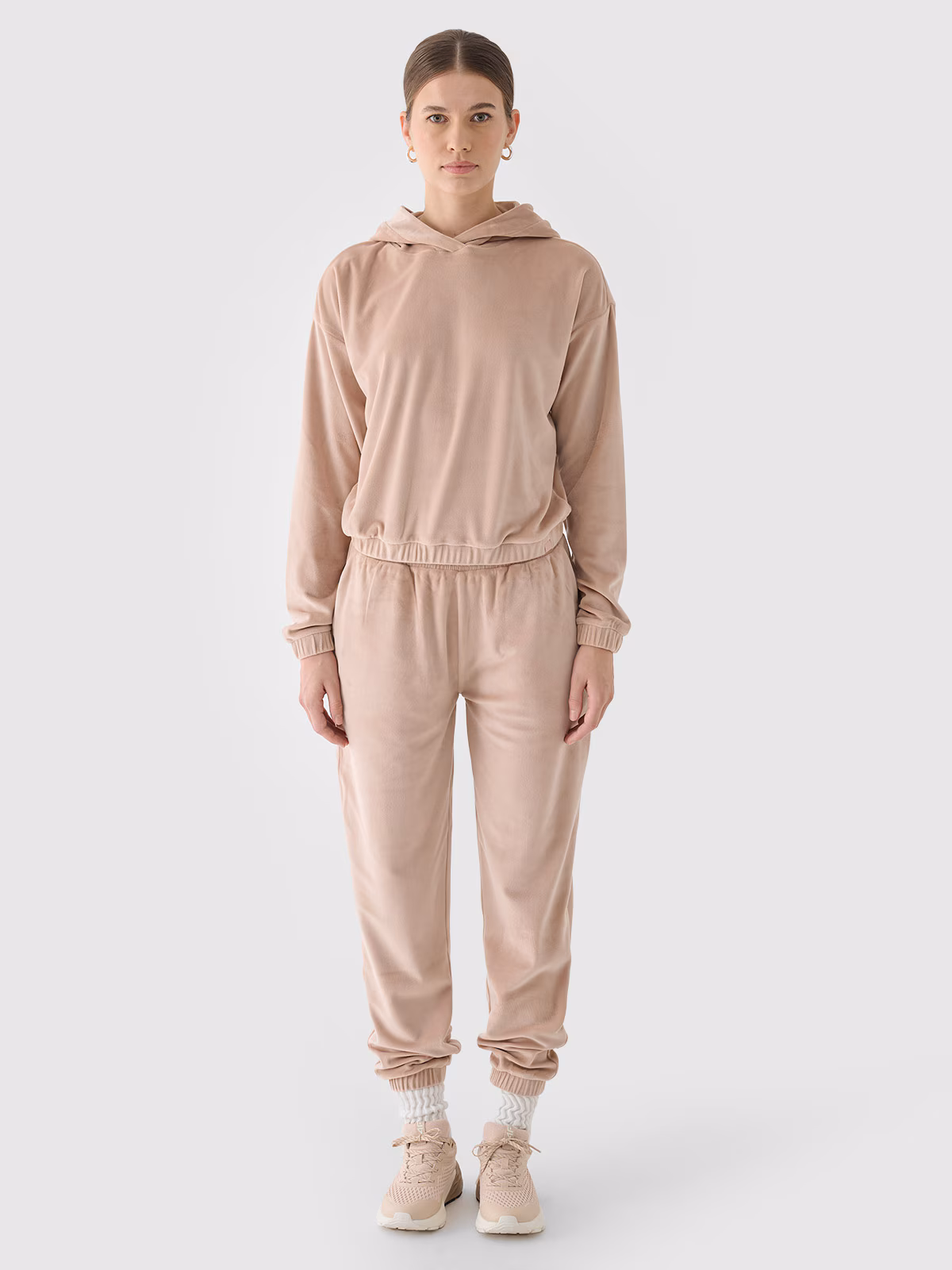 Bluza dresowa z weluru nierozpinana z kapturem damska - beżowa