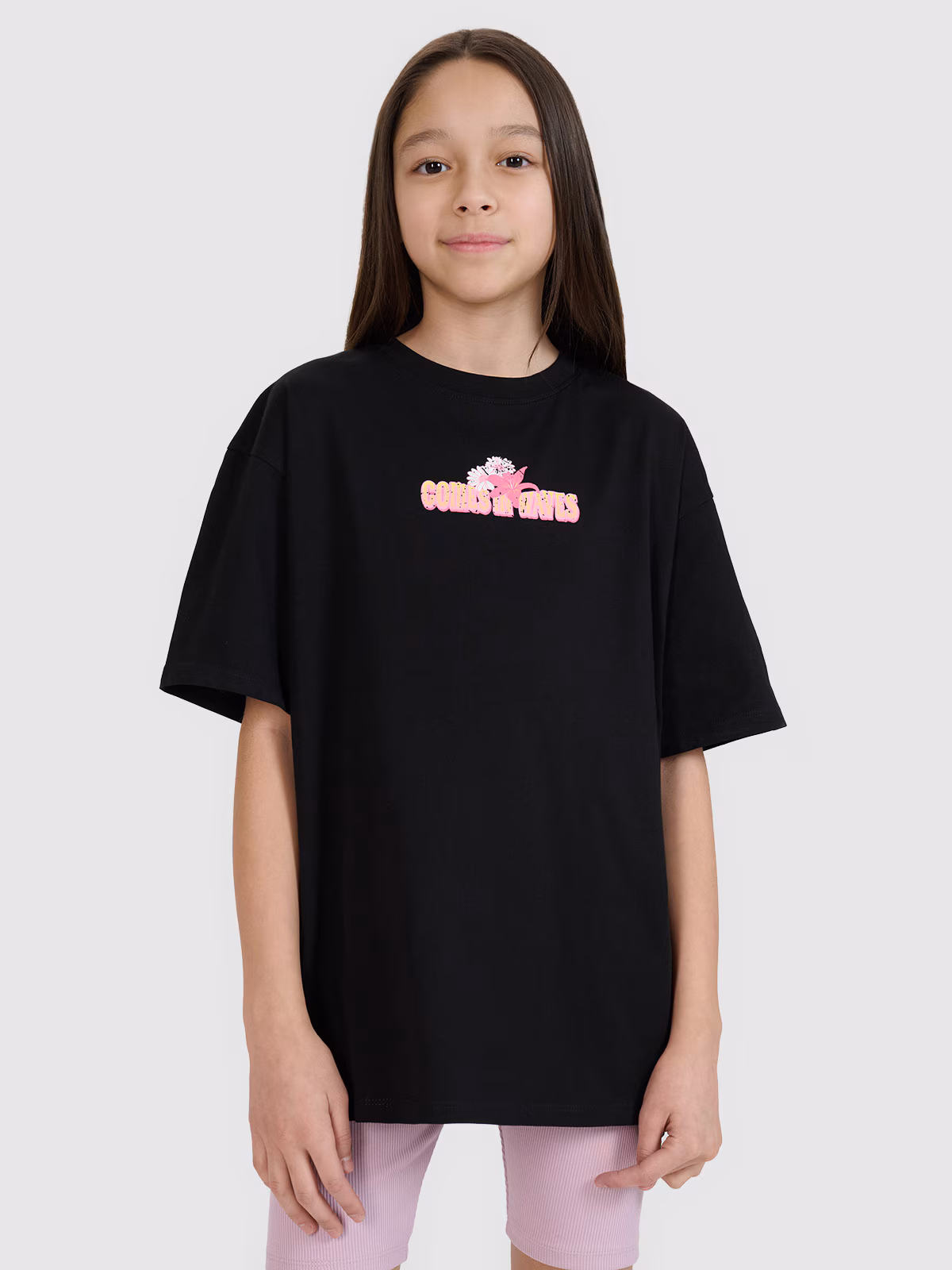 T-shirt oversize z nadrukiem dziewczęcy - czarny