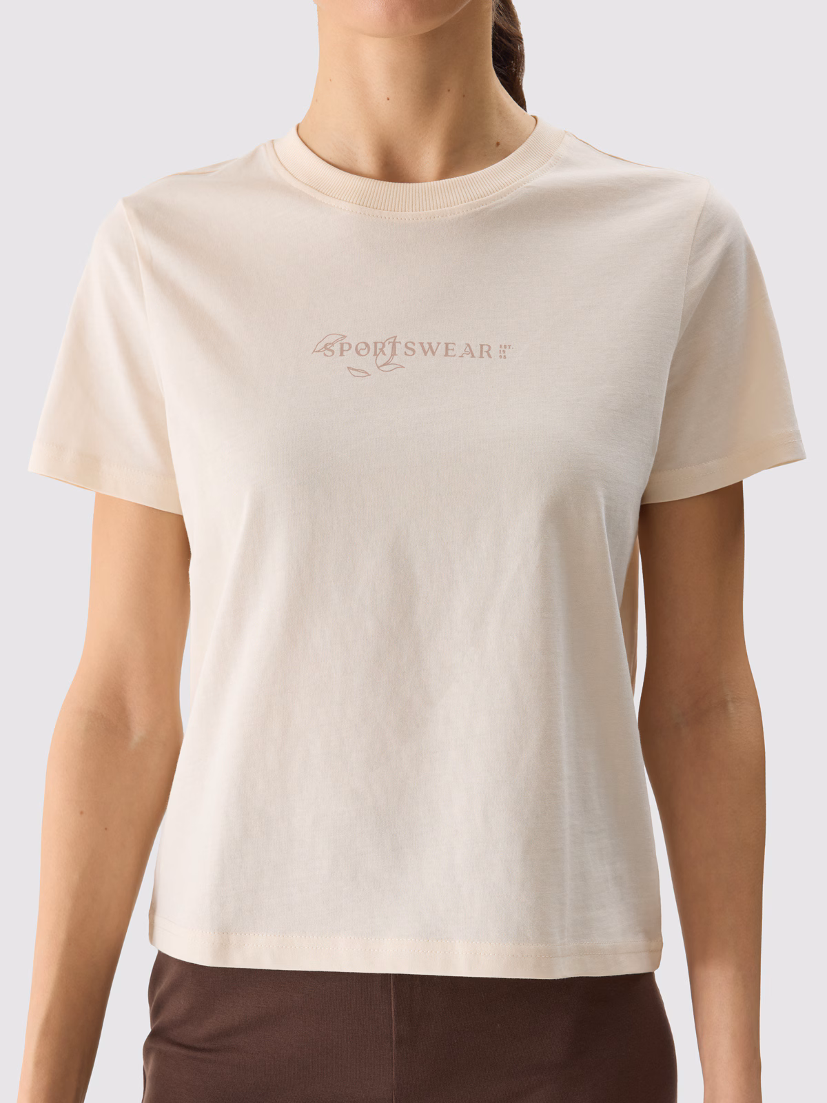 T-shirt regular z nadrukiem damski - beżowy