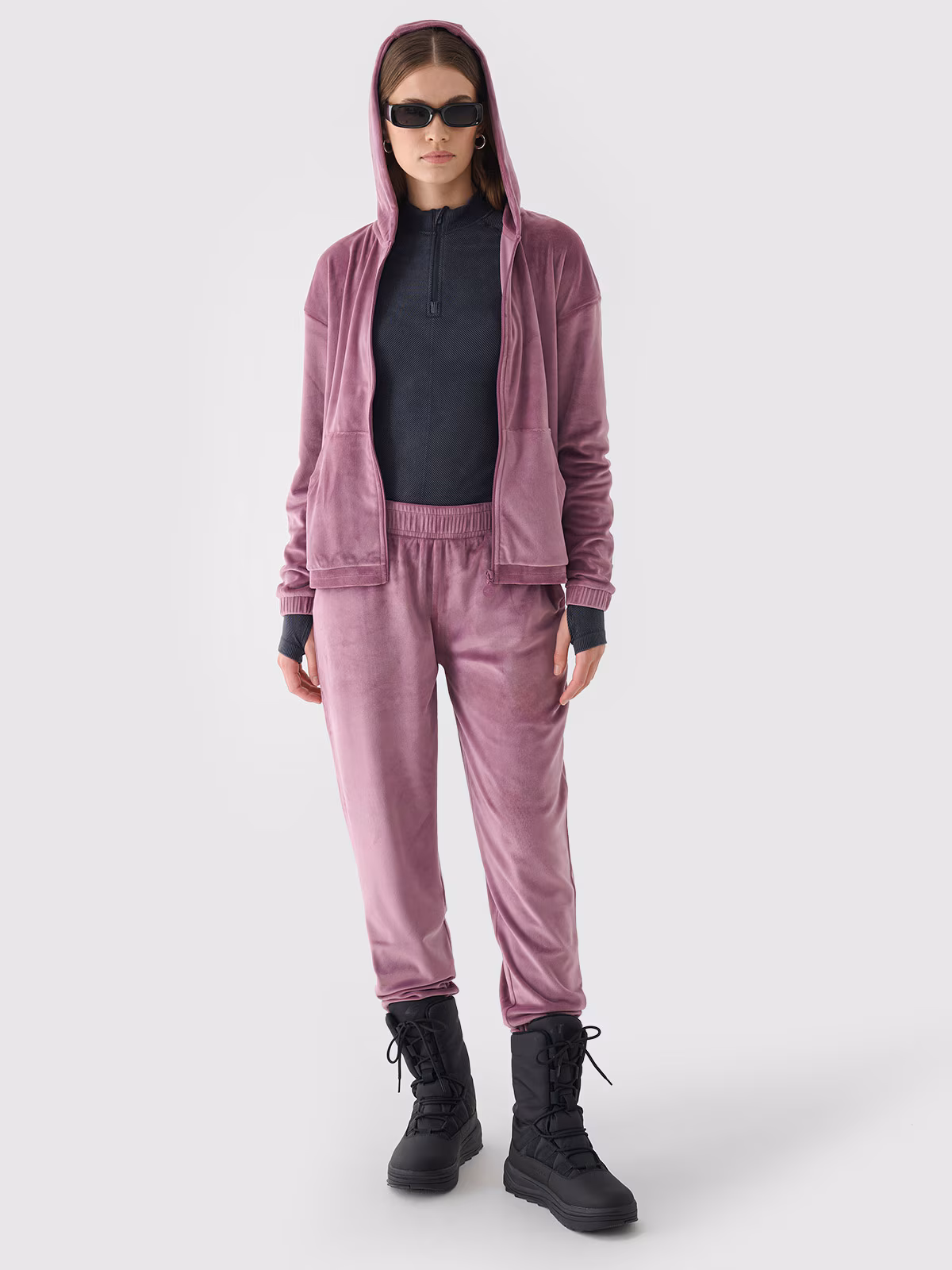 Bluza dresowa z weluru rozpinana z kapturem damska - granatowa