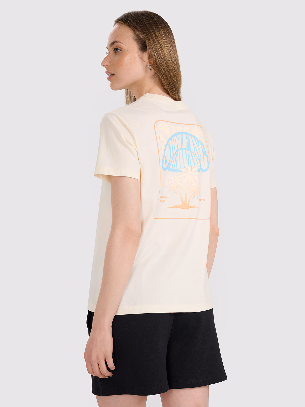 T-shirt oversize z nadrukiem damski - żółty