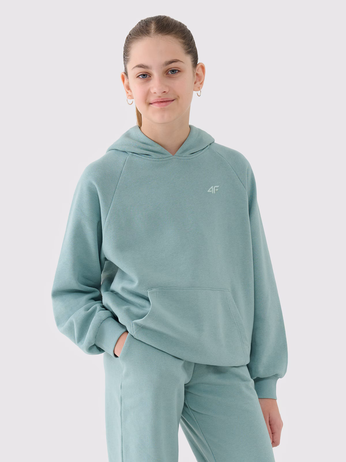 Bluza dresowa nierozpinana z kapturem dziewczęca - miętowa