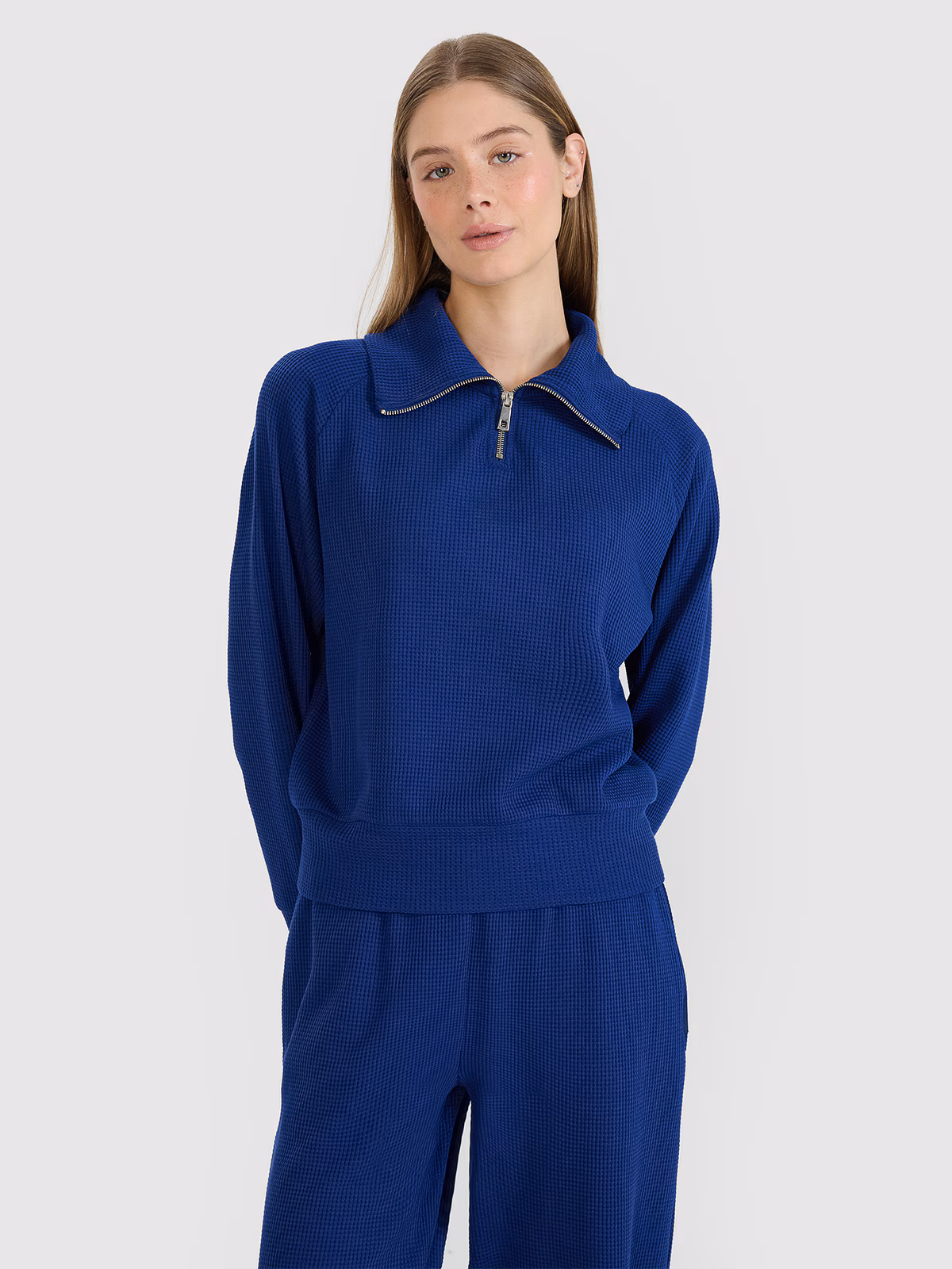 Bluza dresowa oversize nierozpinana bez kaptura damska - granatowa