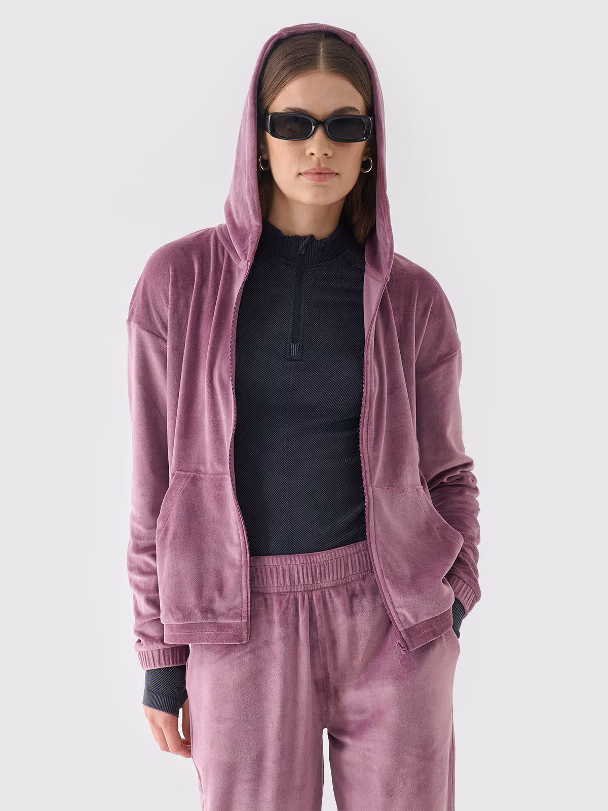 Bluza dresowa z weluru rozpinana z kapturem damska - granatowa