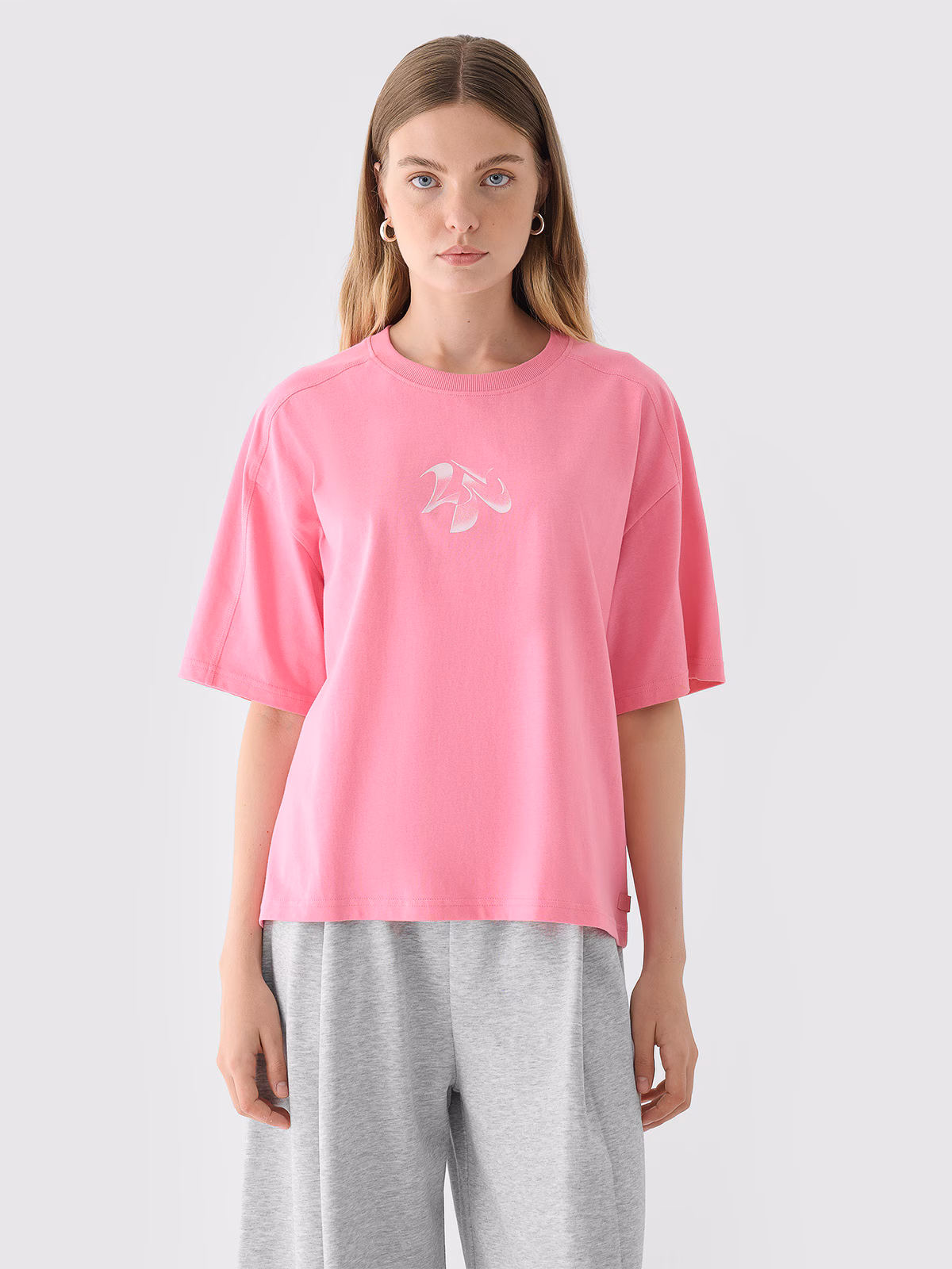 T-shirt oversize z nadrukiem damski - różowy