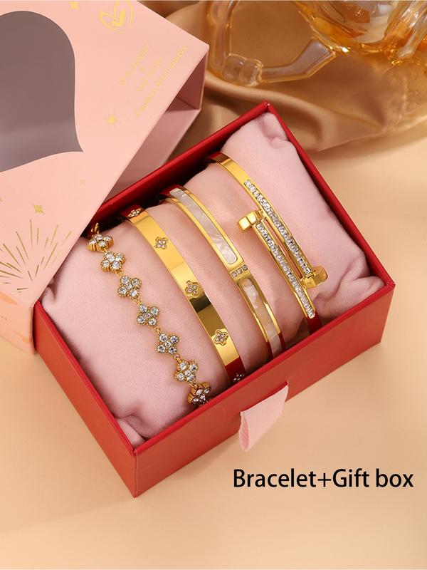4-piece stainless steel diamond bracelet with exquisite gift box, French elegant fashion style, very suitable for gift-giving and daily commuting.