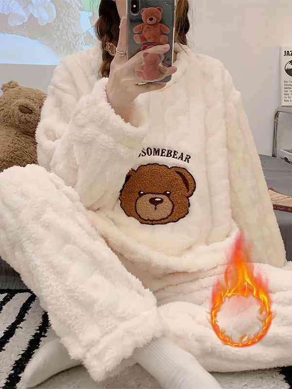 2-Piece Women's Warm Sleepwear Set, Cute Embroidered Teddy Bear Design, Fluffy Loose Casual Home Wear for Comfort