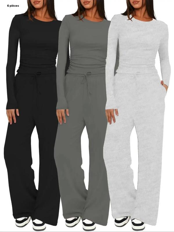 Women's Solid Ruched Drawstring Loungewear Set, Casual Long Sleeve Round Neck Top & Pocket Wide Leg Trousers, Ladies Sleepwear for All Seasons