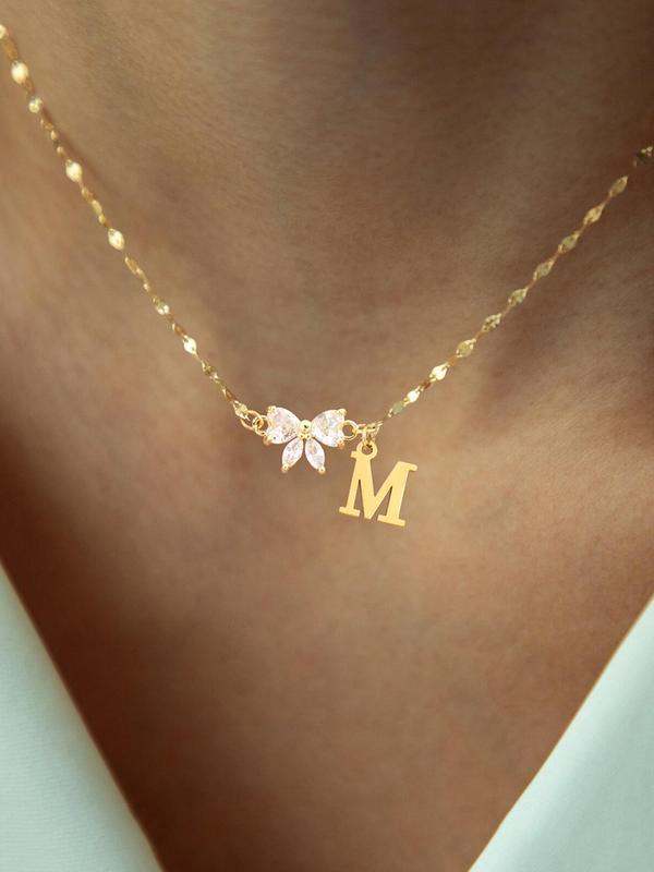 Artificial Crystal Bow Initial Pendant Necklace, Stainless Steel Necklace for Women for Gift, Clavicle Chain Necklace, Fashion All-match Accessories for Daily Wear