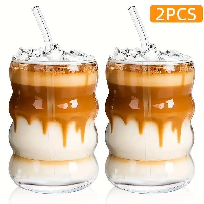 2 Pack High Borosilicate Straw Cups, Ice Coffee Cup, Juice Milk Tea Drinkware Set, Stylish Cute Design, Catpillar Pattern, Home Use Single Wall Cup