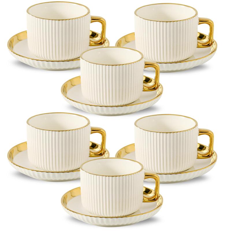 Ceramic Tea Cup & Saucer Set, 4/6 Sets Modern Stripe Design Coffee Cup & Saucer, Drinking Supplies for Home Office Use
