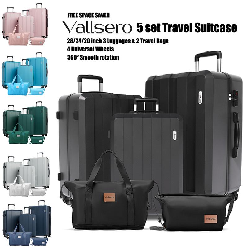 VALLSERO Ensembles de bagages 5 pièces, bagages rigides en PC ABS avec serrure TSA, 4 roues universelles, cabine 20 inch 24 inch 28 inch, 12L sac de voyage, 4.5L trousse de lavage