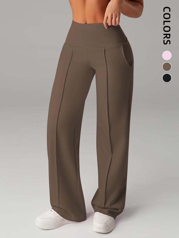 Women's Plain Loose Straight Leg Pants, Wide Leg High Waist Sportswear with Pockets, Comfortable Casual Daily Wear