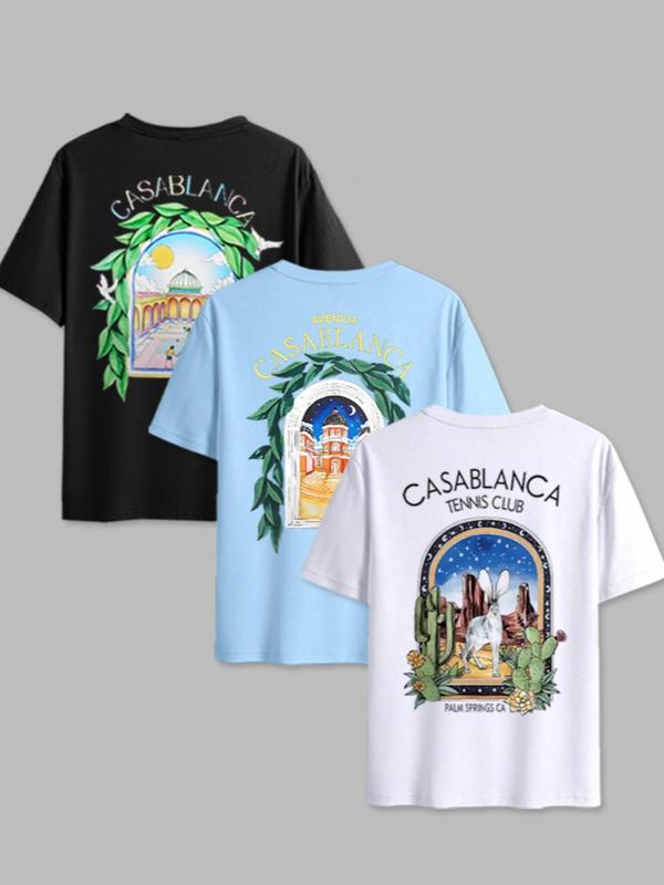 Men's Casablanca Letter Print Short Sleeve Graphic Tee, Regular Fit Casual Comfy Round Neck T-shirt for Daily Wear, Men's Top for Summer, Tropical