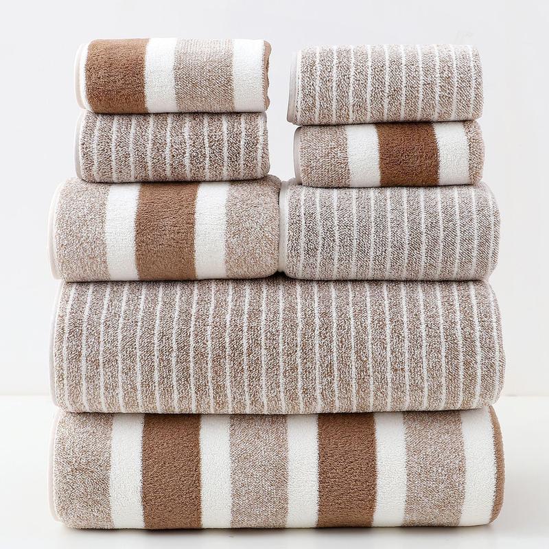 8/10 Piece Set Non-Shedding Ultra-Absorbent Hotel-Standard Striped Towels, Includes 2 Large Bath Towels and 4 Medium Size Towels