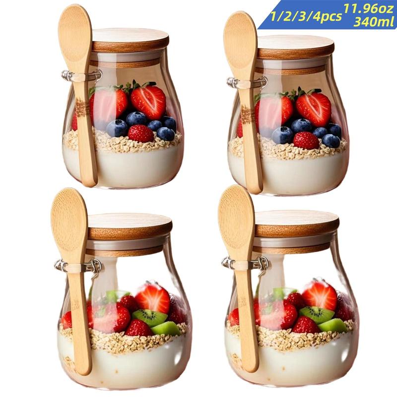 Glass Storage Jar with Lid & Spoon, 1/2/3/4 Counts Overnight Oats Jar with Stickers & Pen, Food Storage Container for Yogurt, Spice, Salad, Kitchen