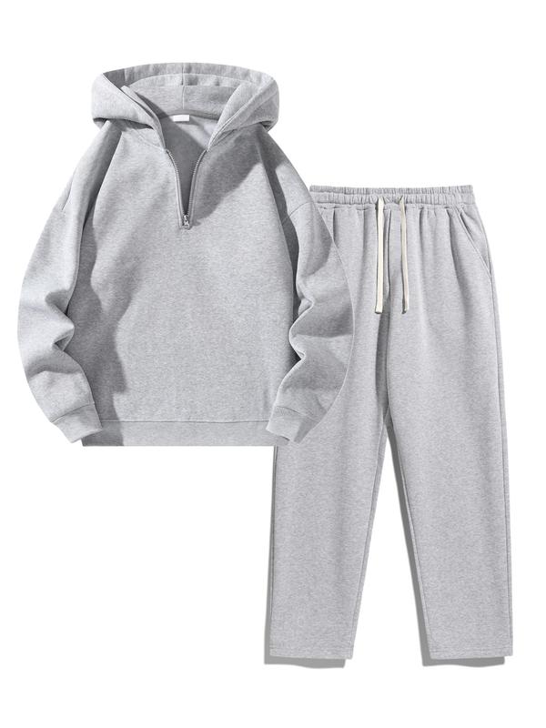 Men's Plain Two-piece Sweatsuit Set, Basic Regular Fit Casual Drop Shoulder Half Zip Hoodie & Pocket Drawstring Sweatpants, Men's Clothing