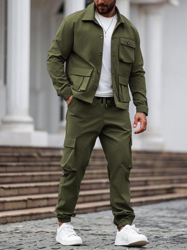 Men's Solid Color Pocket Button Front Shirt & Pants Two-Piece Set, Casual Long Sleeve Collar Top & Trousers Set, Men's Spring & Fall Clothes