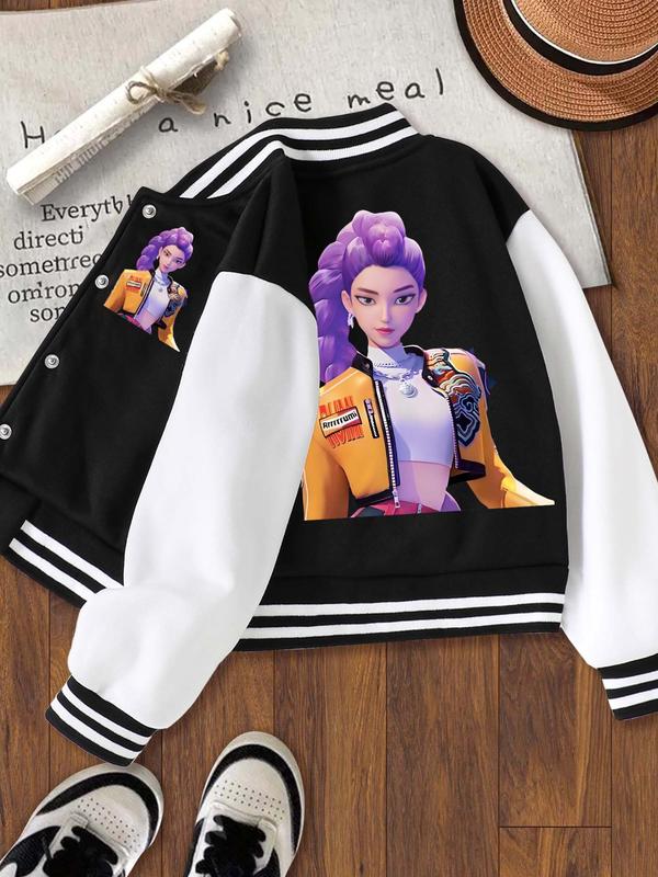 Girls' Short Baseball Jacket Coat, Cartoon Design, Elastic Fabric, Fitted Style, Fall & Winter School Uniform Outerwear