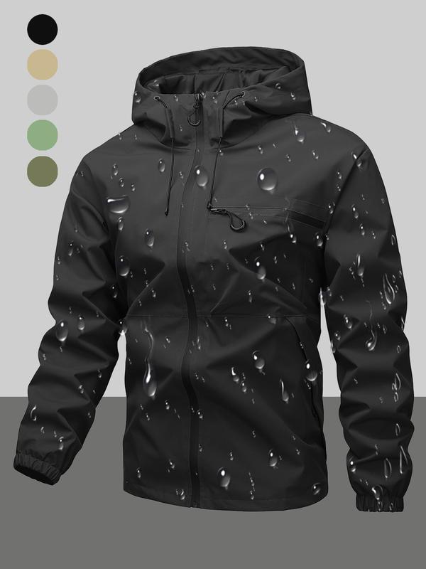 Men's Waterproof Windproof Hooded Jacket, Drawstring Zipper Pocket Design, Casual Long Sleeve Outdoor Coat for All Seasons