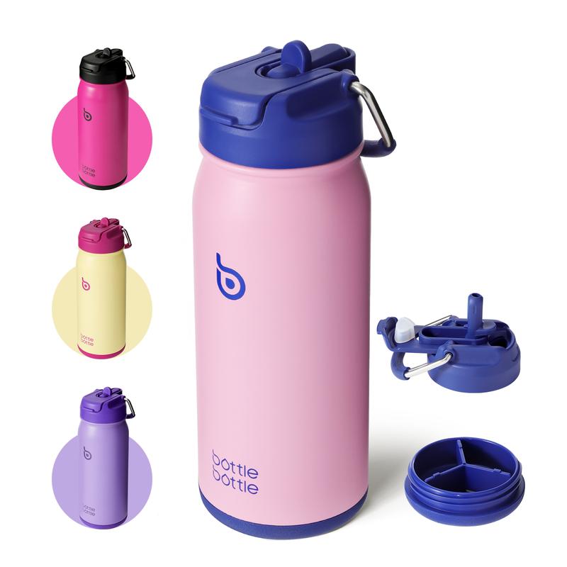 Bouteille d'eau isolée en acier inoxydable pour enfants, 16oz (470ml), pour le sport, avec paille et porte-pilules, pour cadeaux et école