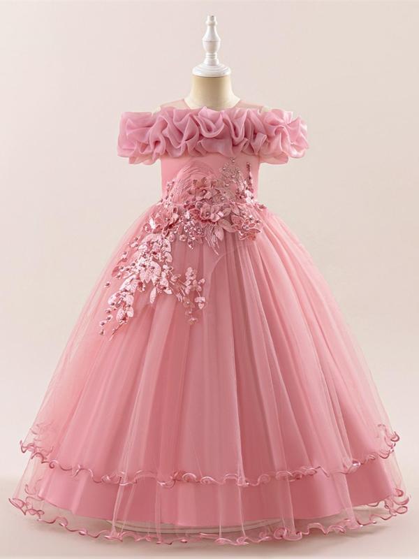 Girl's Cold Shoulder Faux Pearl Decor Bowknot Design Tiered Layer Dress, Elegant Floral Embroidering Short Sleeve Dress for Party Performance Wedding Guest, Kids Clothes for All Seasons