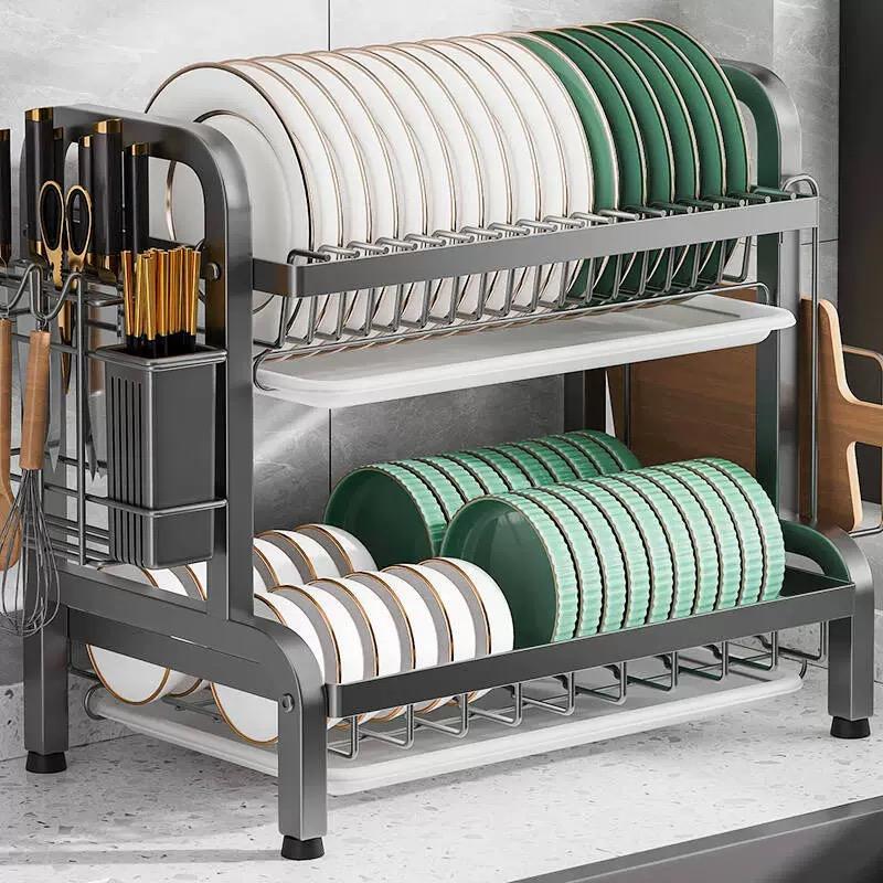 PopVida Égouttoir à vaisselle 2 niveaux noir avec plateau de collecte des eaux, support pour planches à découper et couverts, métal antirouille, grande capacité, pour petites cuisines