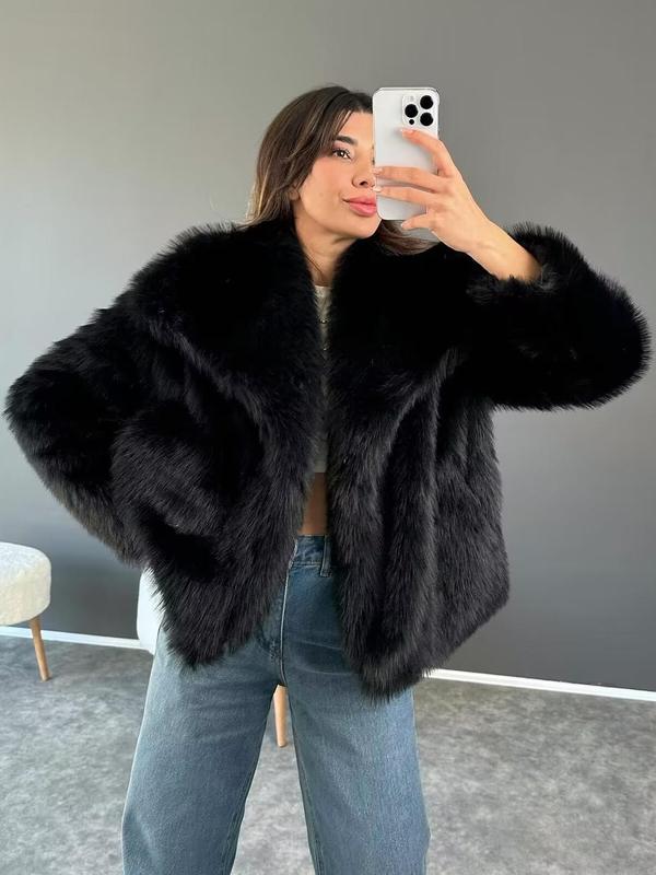 Women's Solid Color Faux Fur Fuzzy Jacket, Casual Long Sleeve Collared Fuzzy Coat for Fall & Winter, Women's Clothing for Daily Wear, Cute Tops