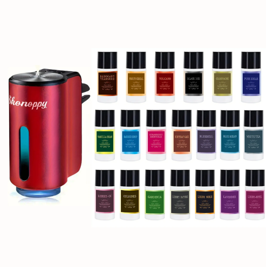 Shonoppy Nuevo Difusor del frescador de aire del coche - 20*10ML Aromas Naturales, Difusor recargable de aroma del coche con tres niveles de olor ajustables, accesorios interiores para coches olor regalo de Navidad