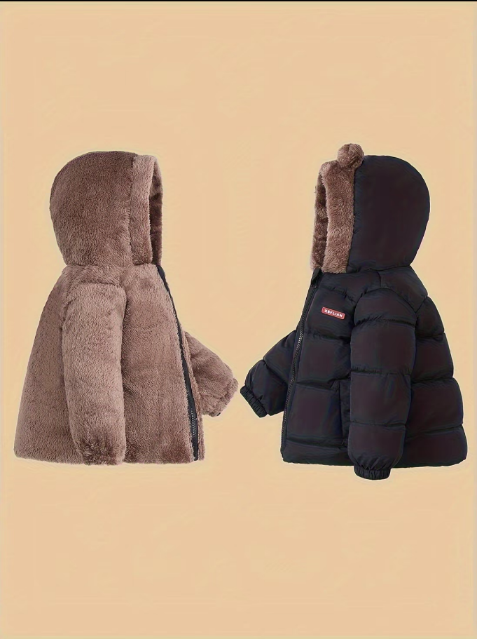 Autumn Winter Hooded  Coat, Unisex  Zipper Pocket  Jacket,  Warm Outerwear for Boys and Girls