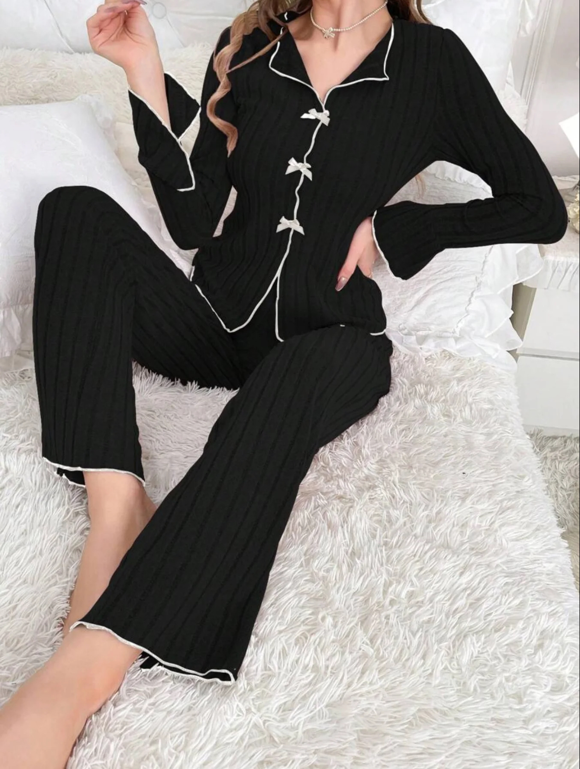 Women's Solid Lettuce Trim Top & Pants Loungewear Two-Piece Set, Casual Comfy Long Sleeve V Neck Top & Trousers PJ Set, Ladies Sleepwear for All Seasons