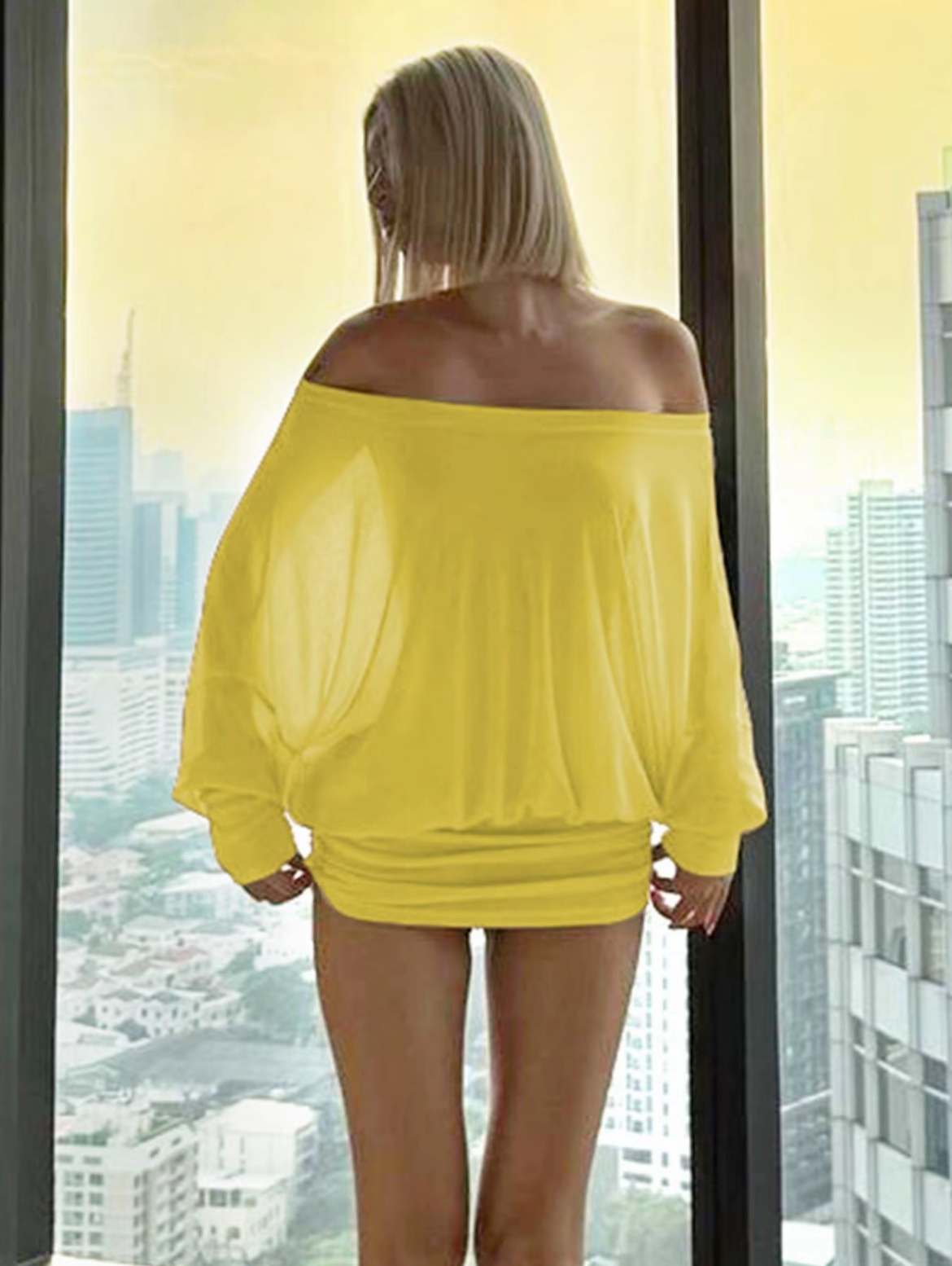 Women's Sheer Ruched Party Dress, Off-The-Shoulder Long Sleeve Women's Mini Dress for Spring & Fall