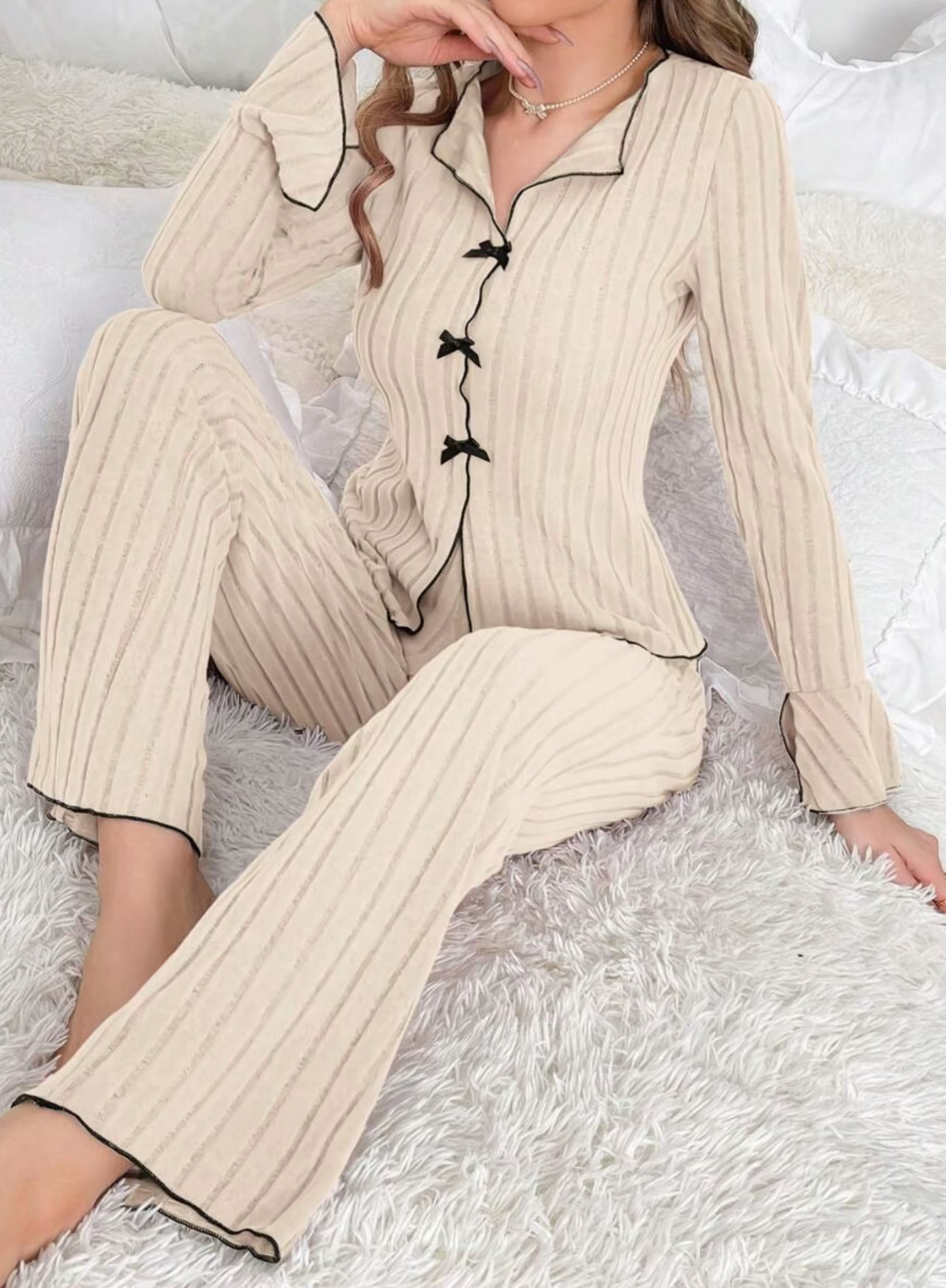 Women's Solid Lettuce Trim Top & Pants Loungewear Two-Piece Set, Casual Comfy Long Sleeve V Neck Top & Trousers PJ Set, Ladies Sleepwear for All Seasons