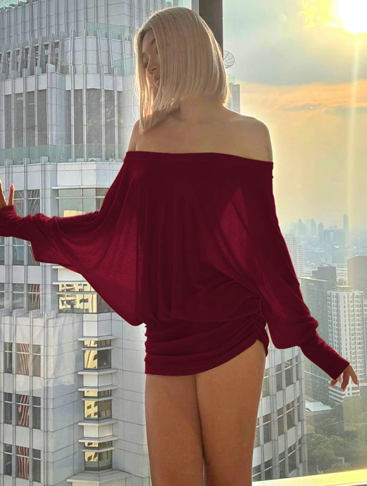 Women's Sheer Ruched Party Dress, Off-The-Shoulder Long Sleeve Women's Mini Dress for Spring & Fall