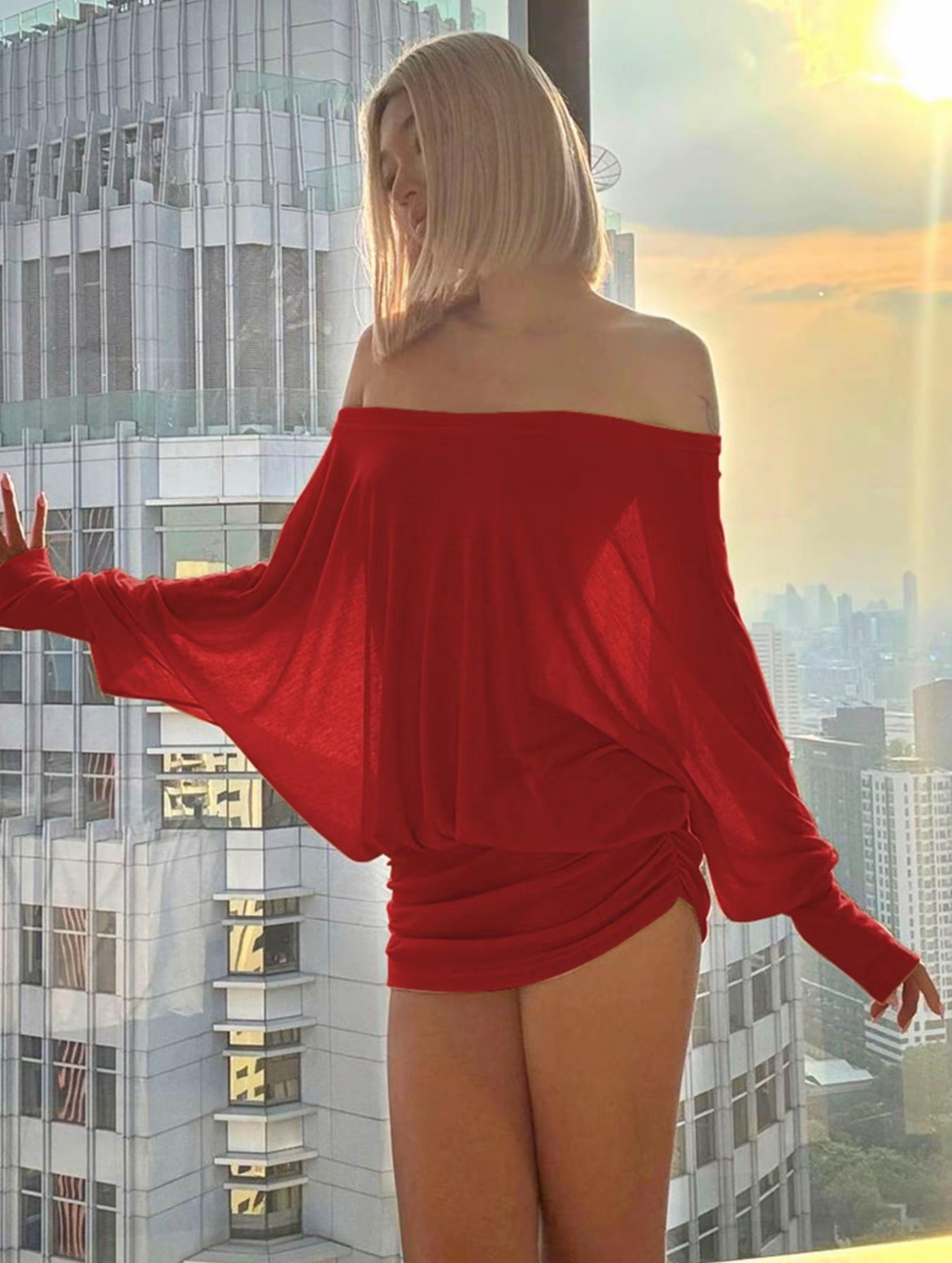 Women's Sheer Ruched Party Dress, Off-The-Shoulder Long Sleeve Women's Mini Dress for Spring & Fall