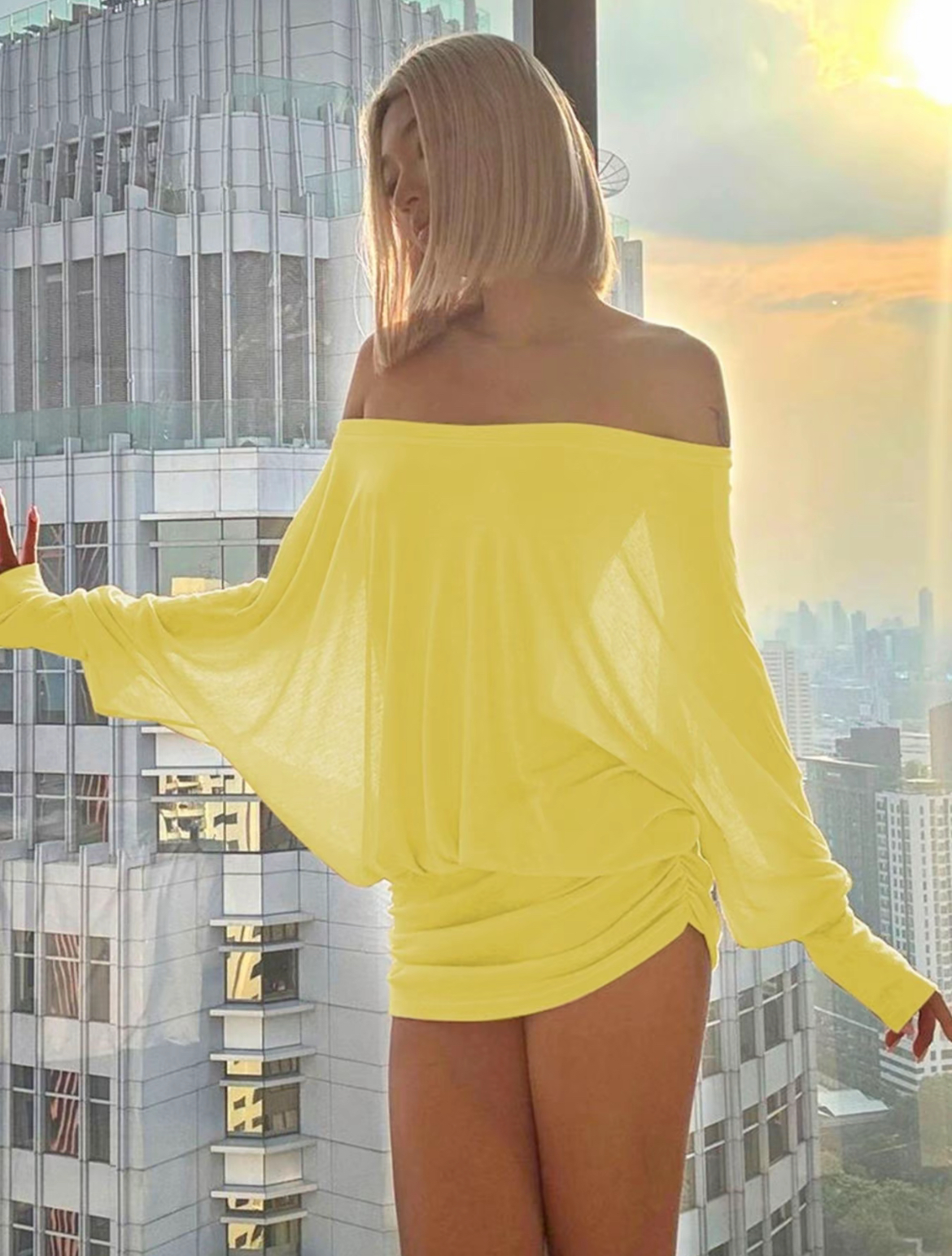 Women's Sheer Ruched Party Dress, Off-The-Shoulder Long Sleeve Women's Mini Dress for Spring & Fall