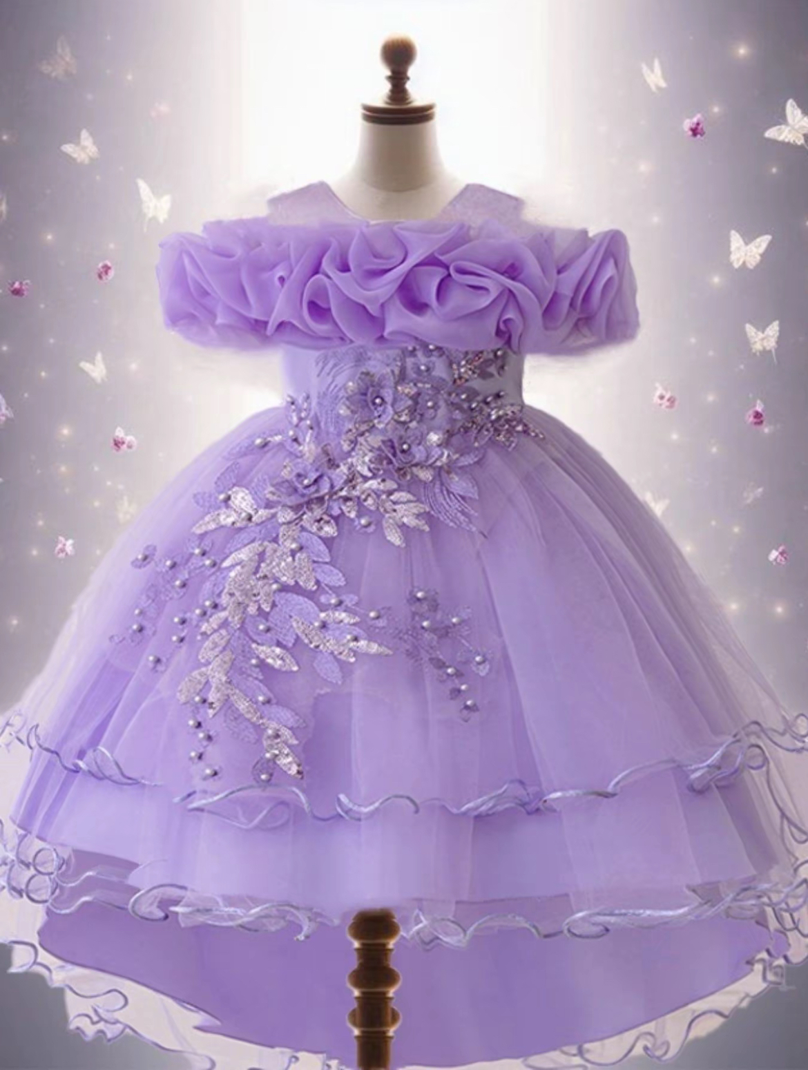 Girl's Floral Embroidery Layered Tulle Formal Dress, Elegant Party Dress for Performance Show Wear, Kids Clothes for All Seasons