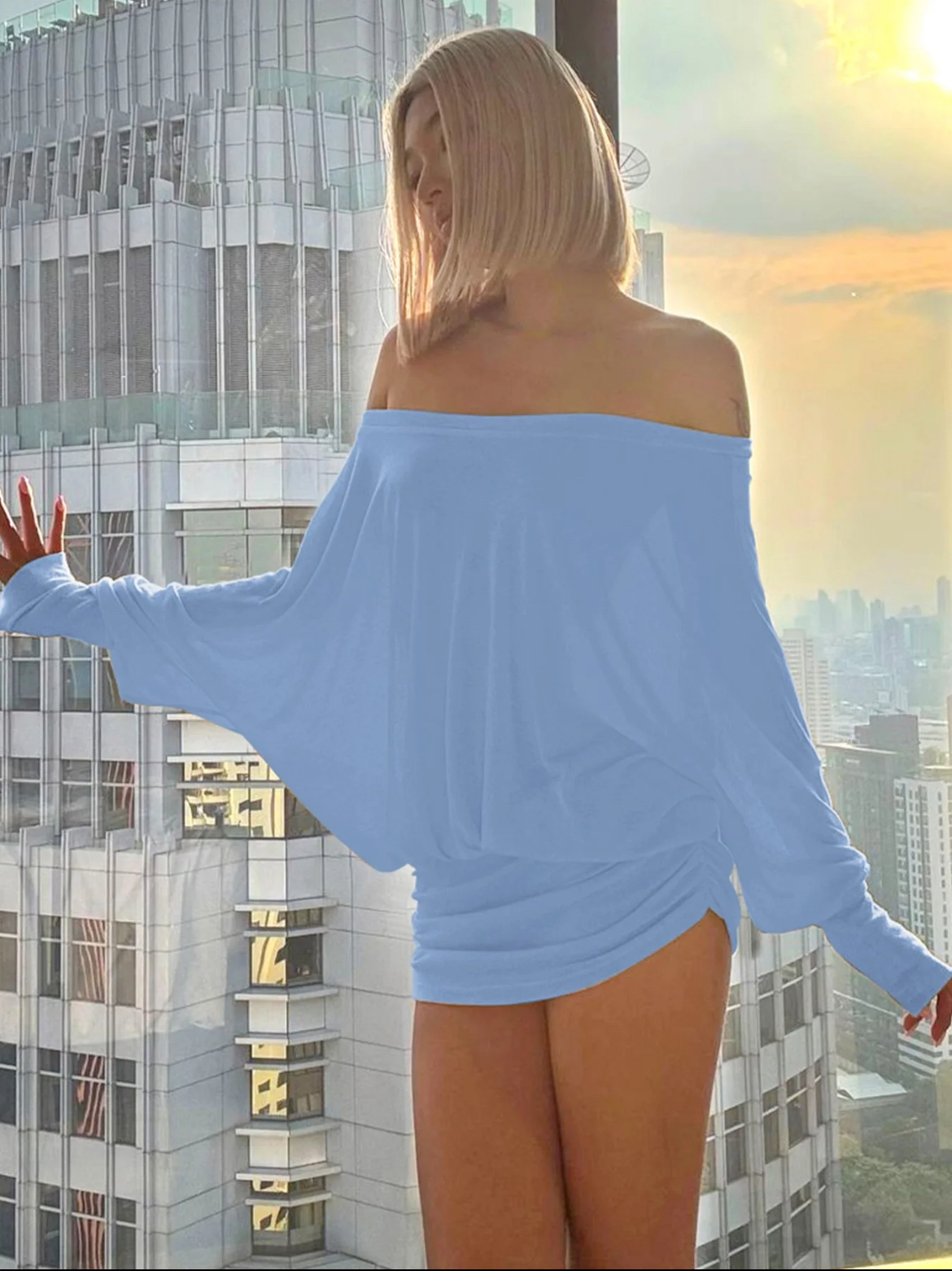 Women's Sheer Ruched Party Dress, Off-The-Shoulder Long Sleeve Women's Mini Dress for Spring & Fall