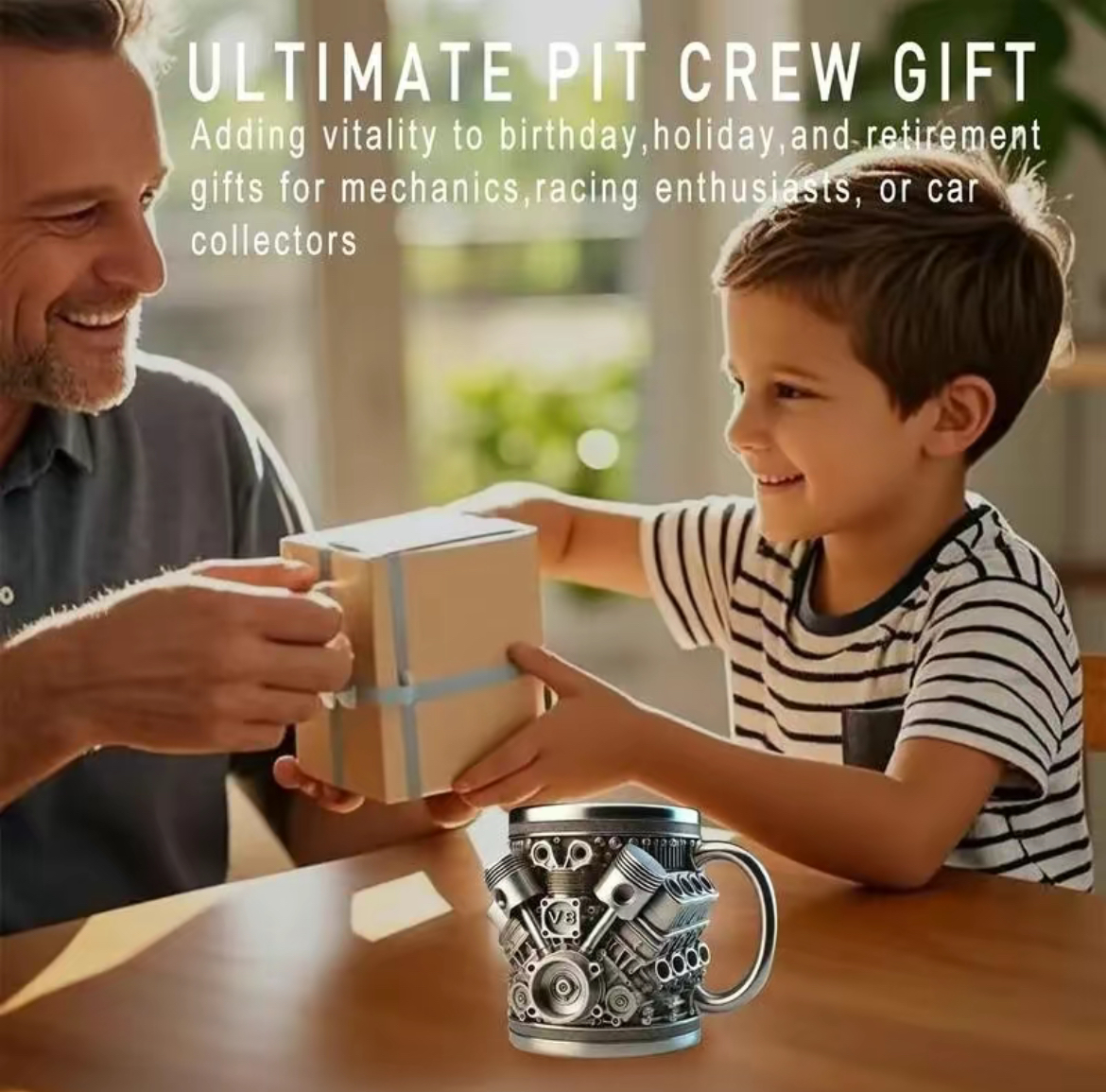 Personalized Stainless Steel Mug - V8 Engine Design, 10oz Handcrafted Durable & Stylish, Perfect for Car Enthusiasts,Coffee Cup,Birthday Present,Holiday Gift