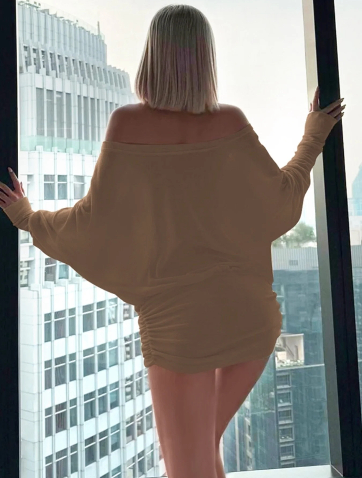 Women's Sheer Ruched Party Dress, Off-The-Shoulder Long Sleeve Women's Mini Dress for Spring & Fall