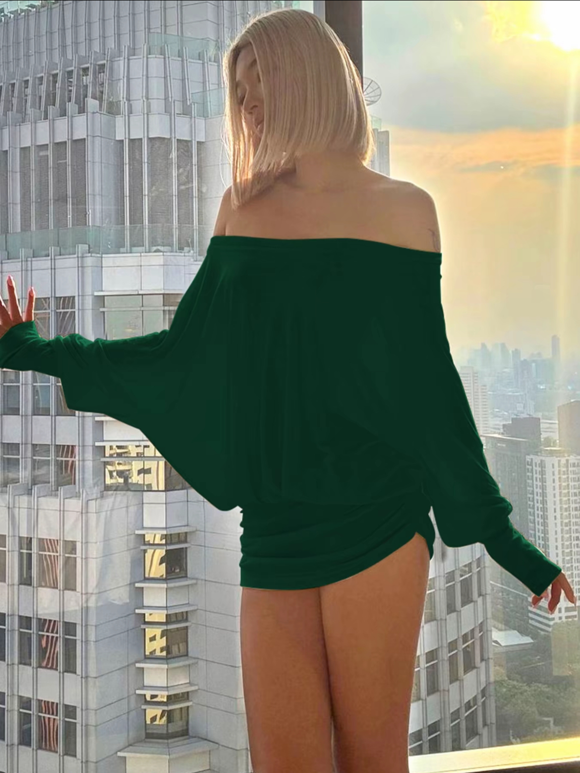 Women's Sheer Ruched Party Dress, Off-The-Shoulder Long Sleeve Women's Mini Dress for Spring & Fall