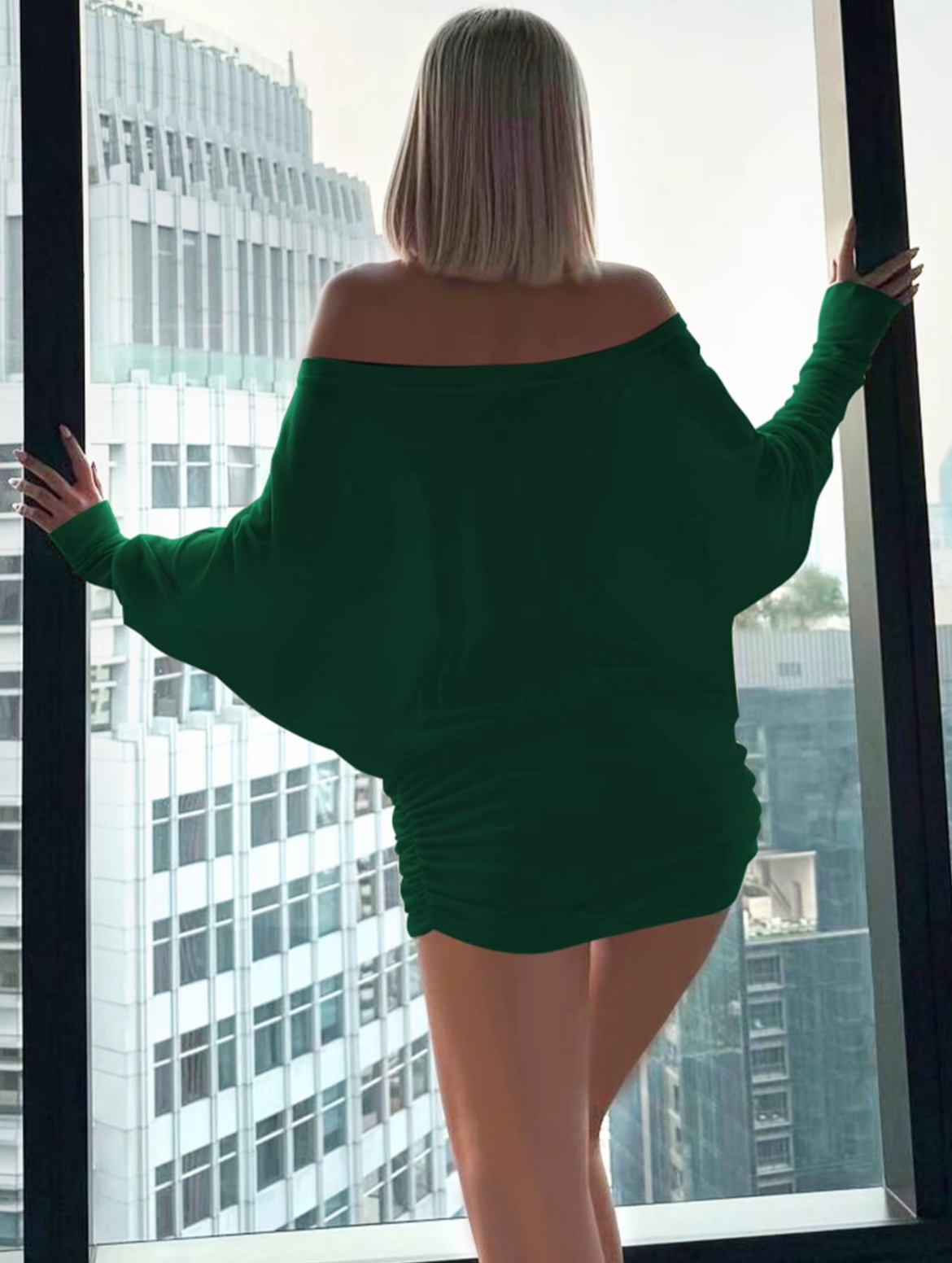 Women's Sheer Ruched Party Dress, Off-The-Shoulder Long Sleeve Women's Mini Dress for Spring & Fall