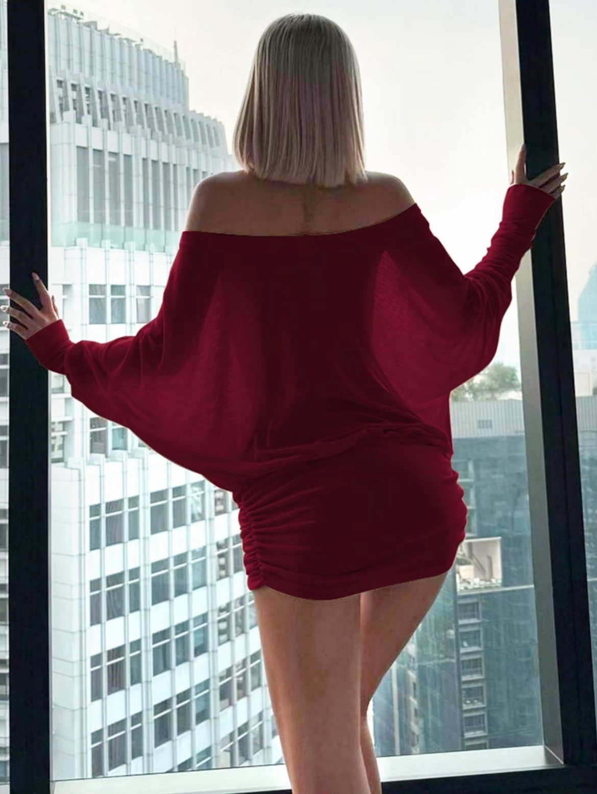 Women's Sheer Ruched Party Dress, Off-The-Shoulder Long Sleeve Women's Mini Dress for Spring & Fall