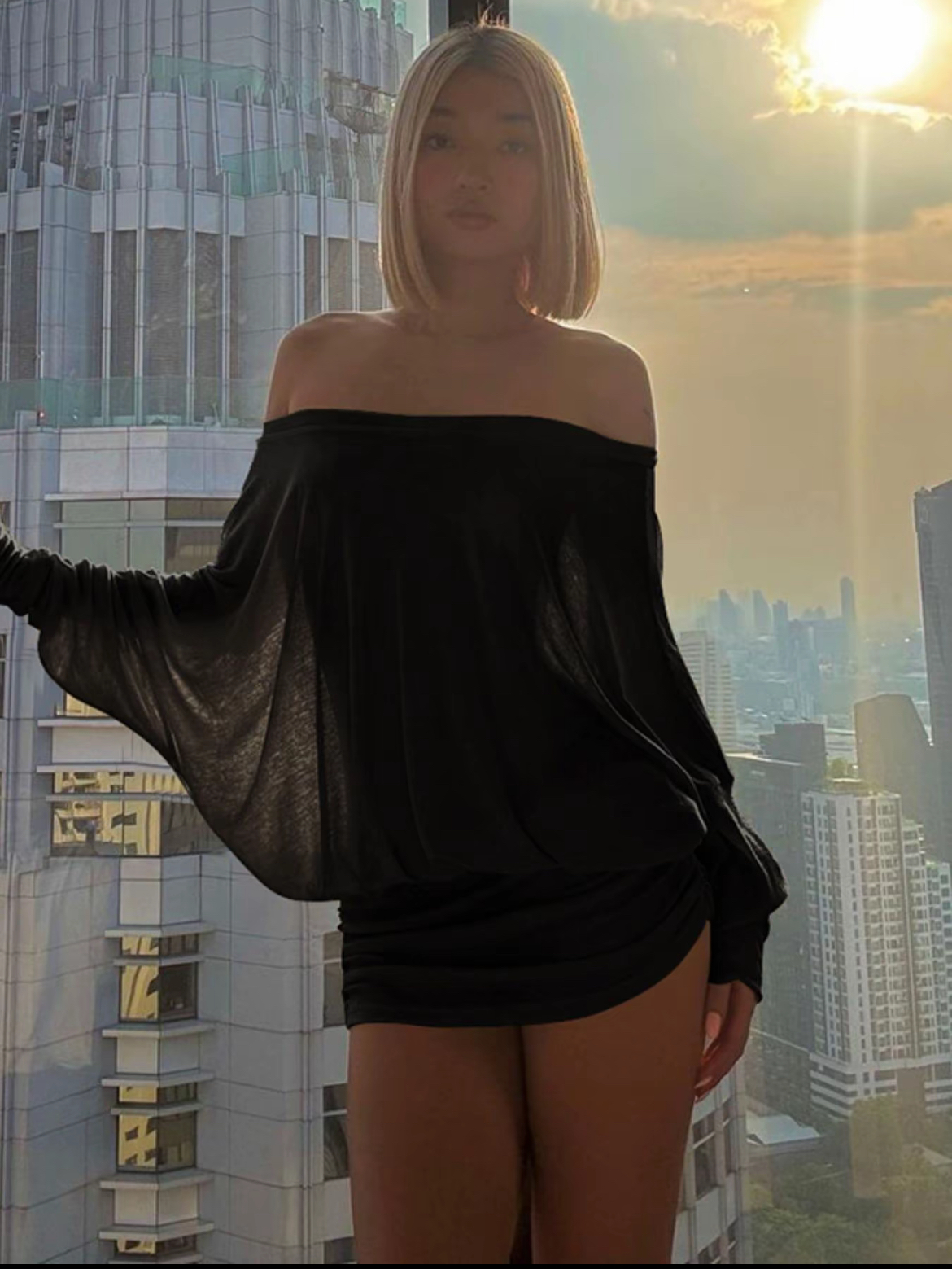 Women's Sheer Ruched Party Dress, Off-The-Shoulder Long Sleeve Women's Mini Dress for Spring & Fall