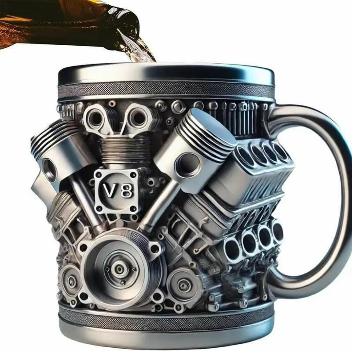 Personalized Stainless Steel Mug - V8 Engine Design, 10oz Handcrafted Durable & Stylish, Perfect for Car Enthusiasts,Coffee Cup,Birthday Present,Holiday Gift