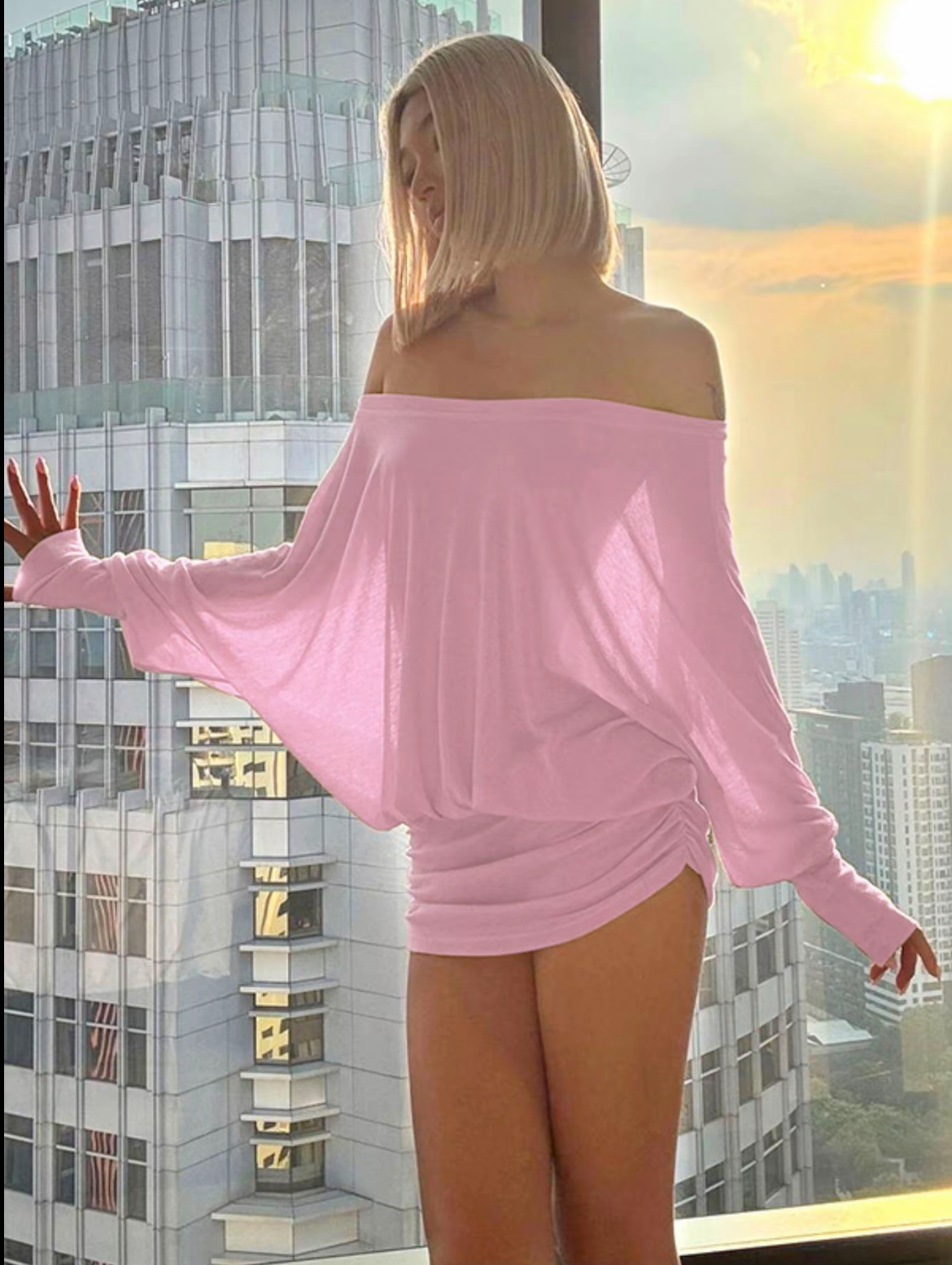 Women's Sheer Ruched Party Dress, Off-The-Shoulder Long Sleeve Women's Mini Dress for Spring & Fall