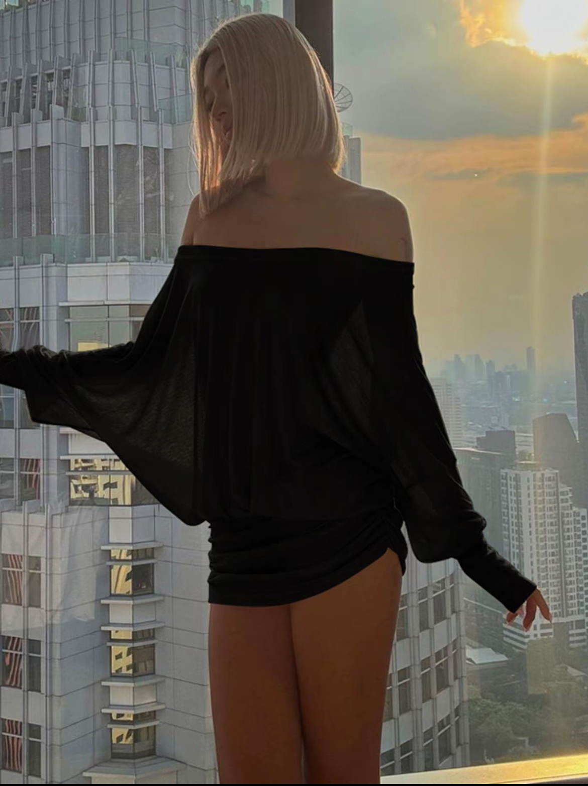 Women's Sheer Ruched Party Dress, Off-The-Shoulder Long Sleeve Women's Mini Dress for Spring & Fall