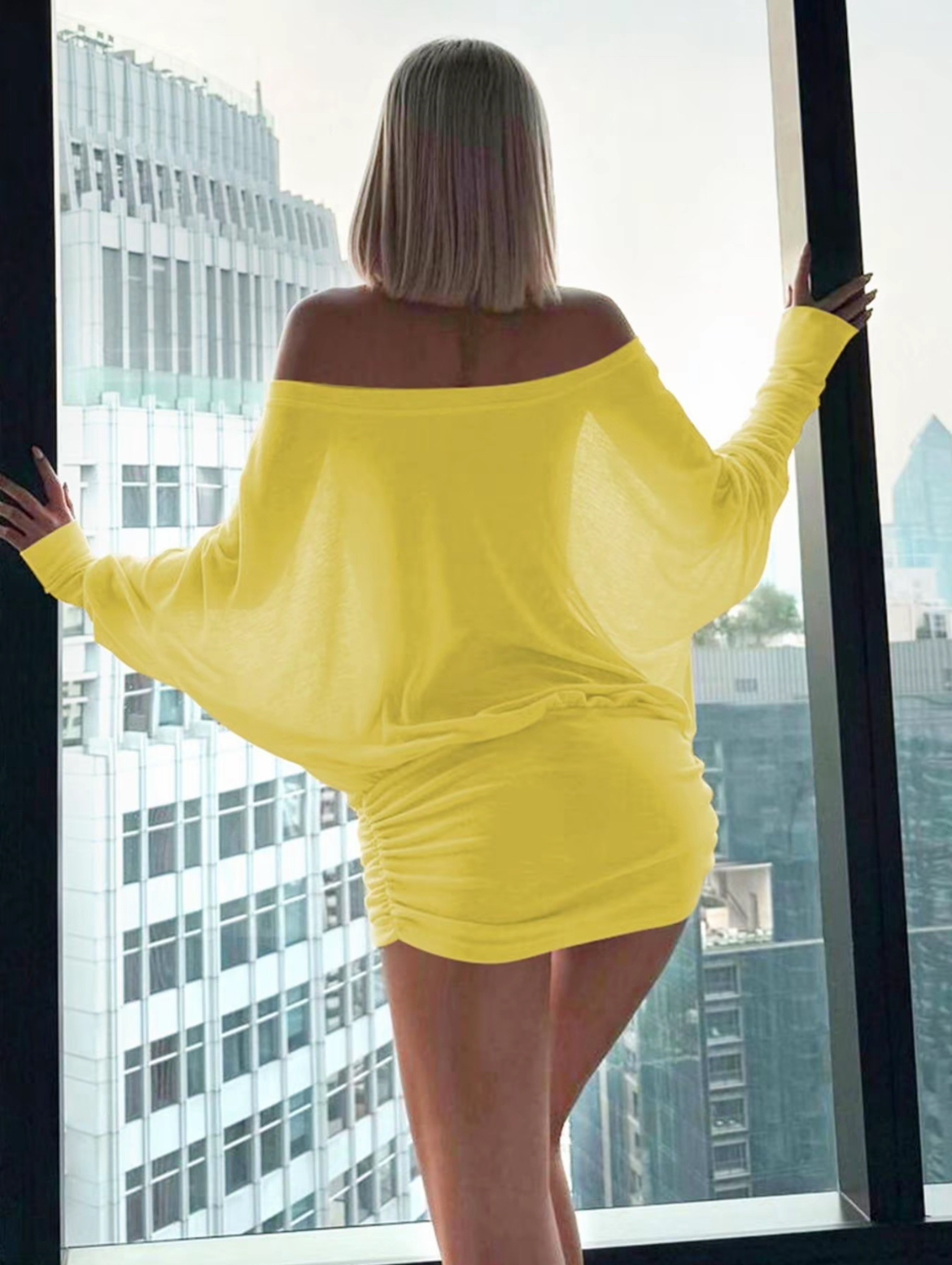 Women's Sheer Ruched Party Dress, Off-The-Shoulder Long Sleeve Women's Mini Dress for Spring & Fall