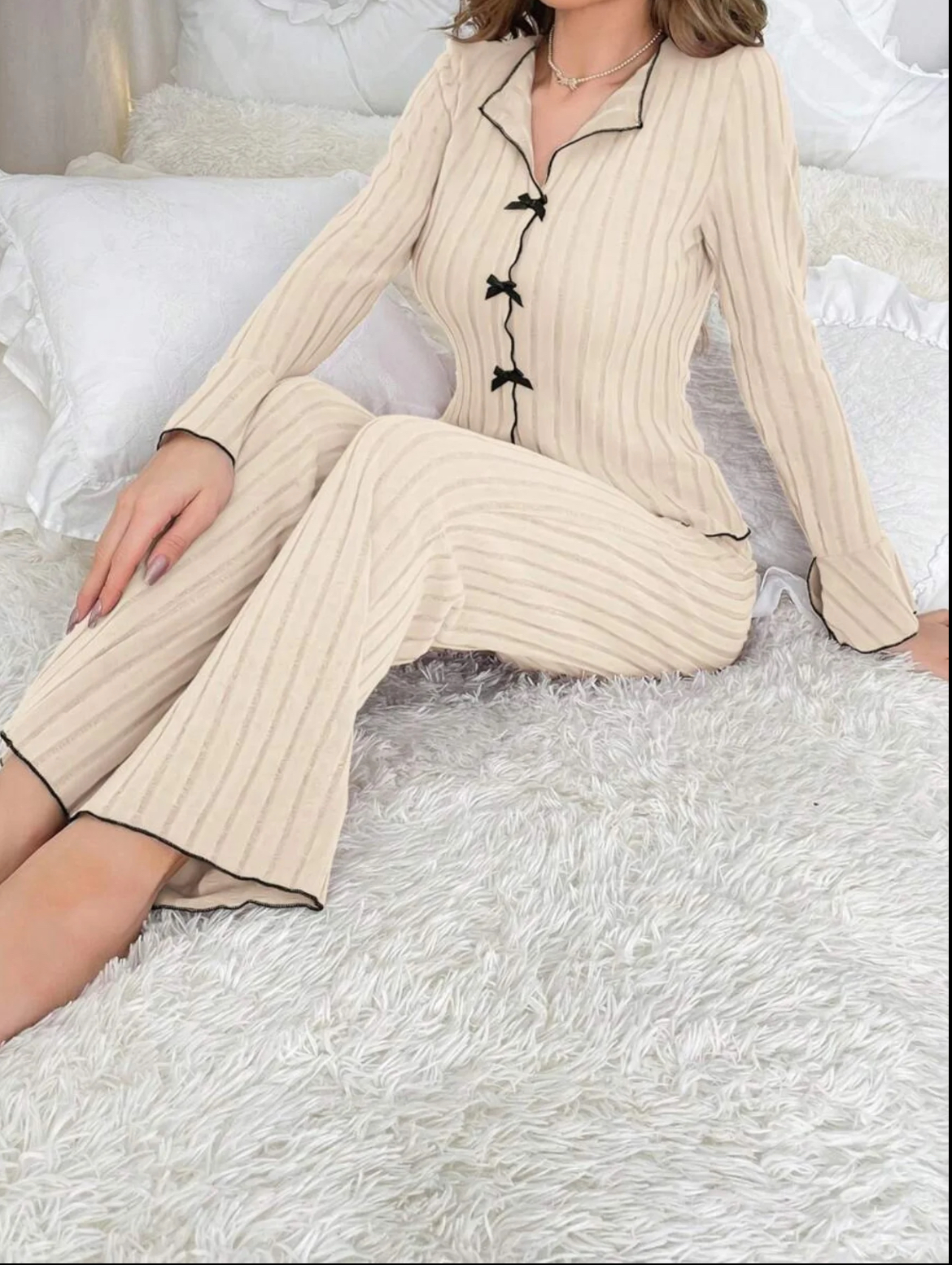 Women's Solid Lettuce Trim Top & Pants Loungewear Two-Piece Set, Casual Comfy Long Sleeve V Neck Top & Trousers PJ Set, Ladies Sleepwear for All Seasons